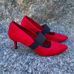 IMPO Stretch Red Suede Heels size 8 Pointed-Toe Mary Jane